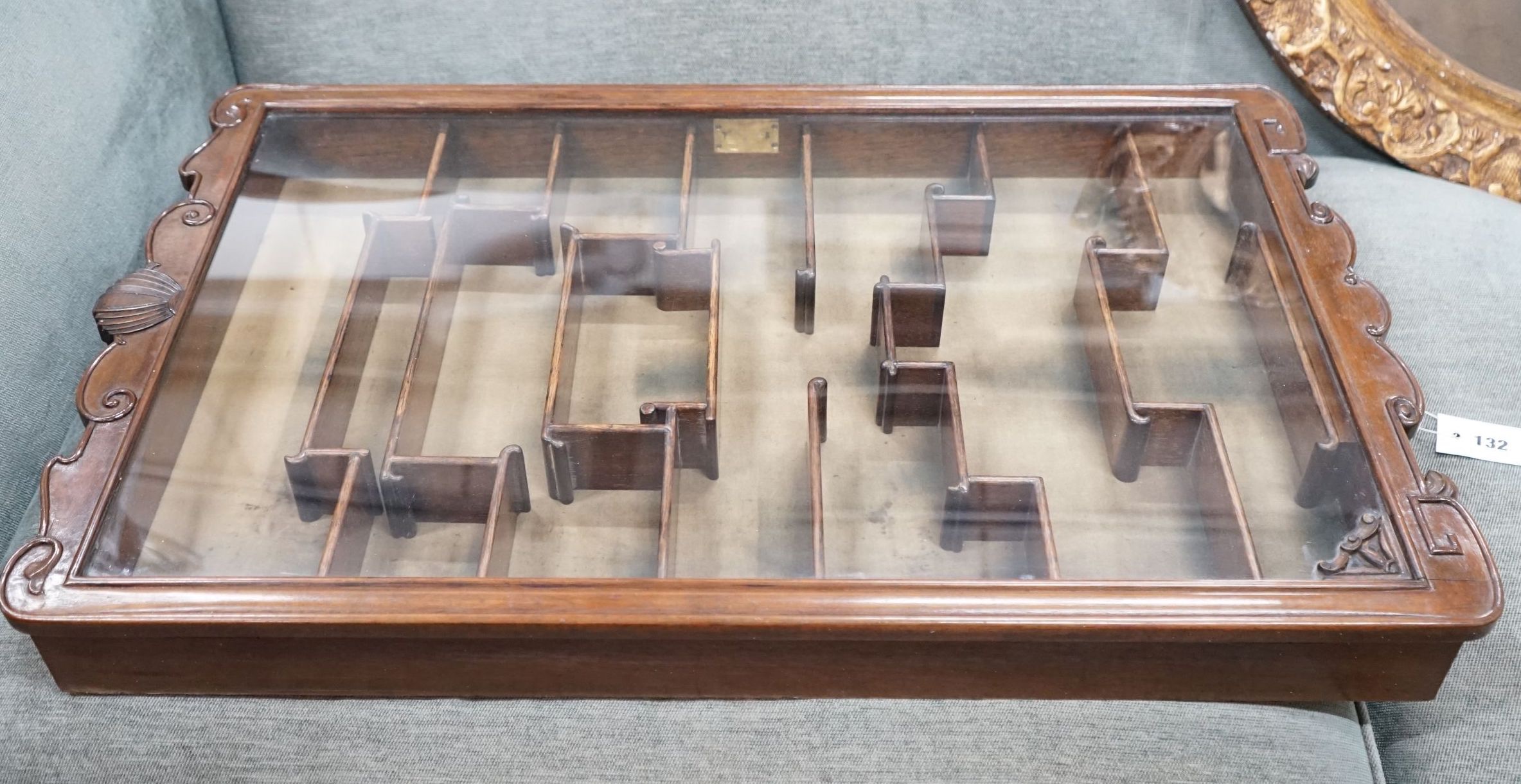 A Chinese glazed hardwood hanging display cabinet, width 52cm, height 85cm